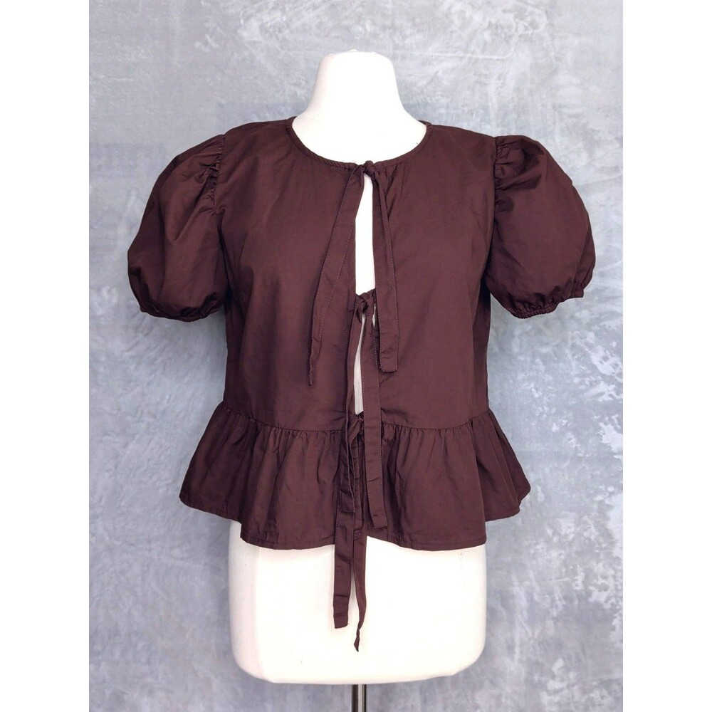 Brown Puff-Sleeve Tie-Front Peplum Blouse